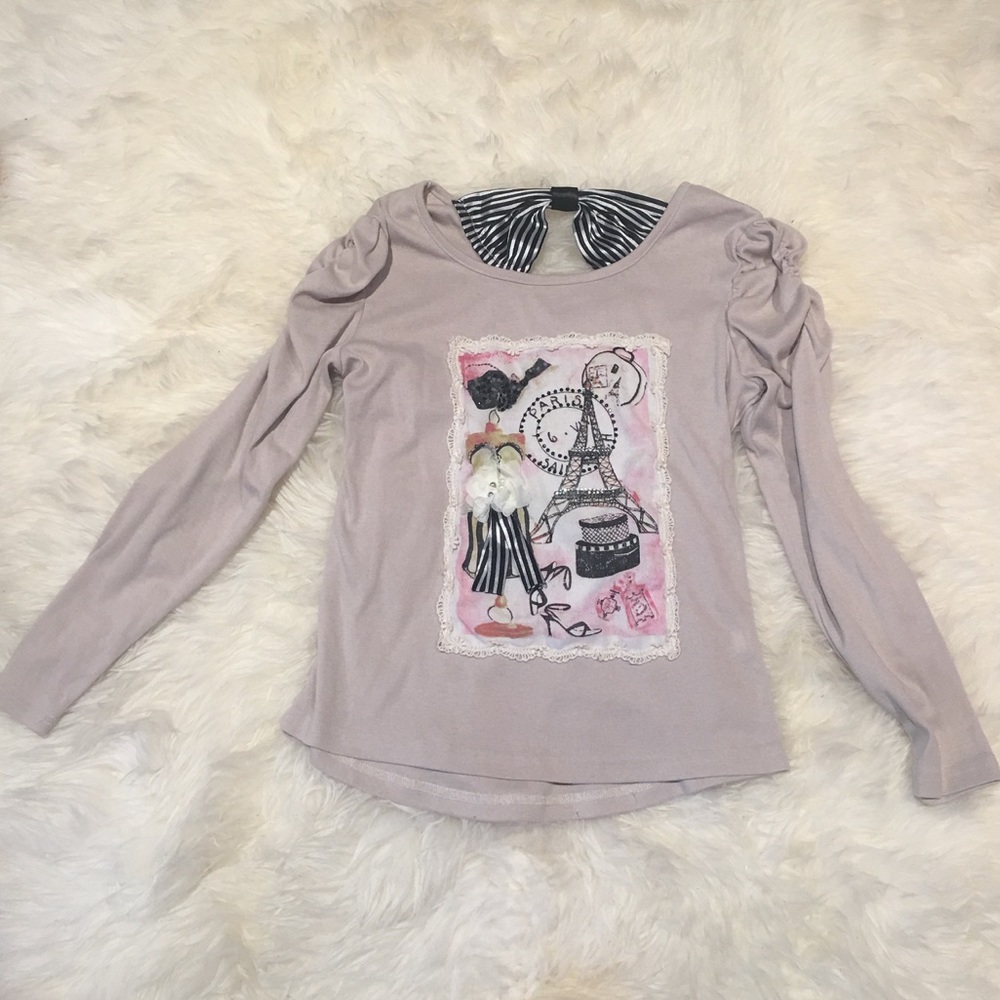 Cute long sleeve Paris printed + bow shirt